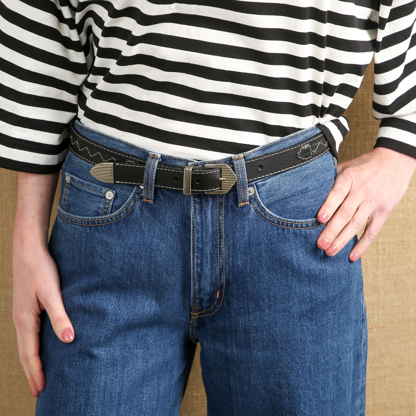 Hera Black Belt with Beige Contrast Stitching