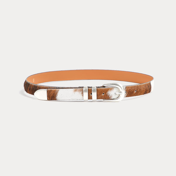 未使用品　LOHEN COW LEATER SLASH BELT SILVER Lorraine Leather Belt in Cow Print – Luxury women's belt made in